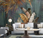 Gold Banana Leaf Wallpaper : Teal And Bronze Tropical Mural - View 4