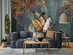 Gold Banana Leaf Wallpaper : Teal And Bronze Tropical Mural - View 5
