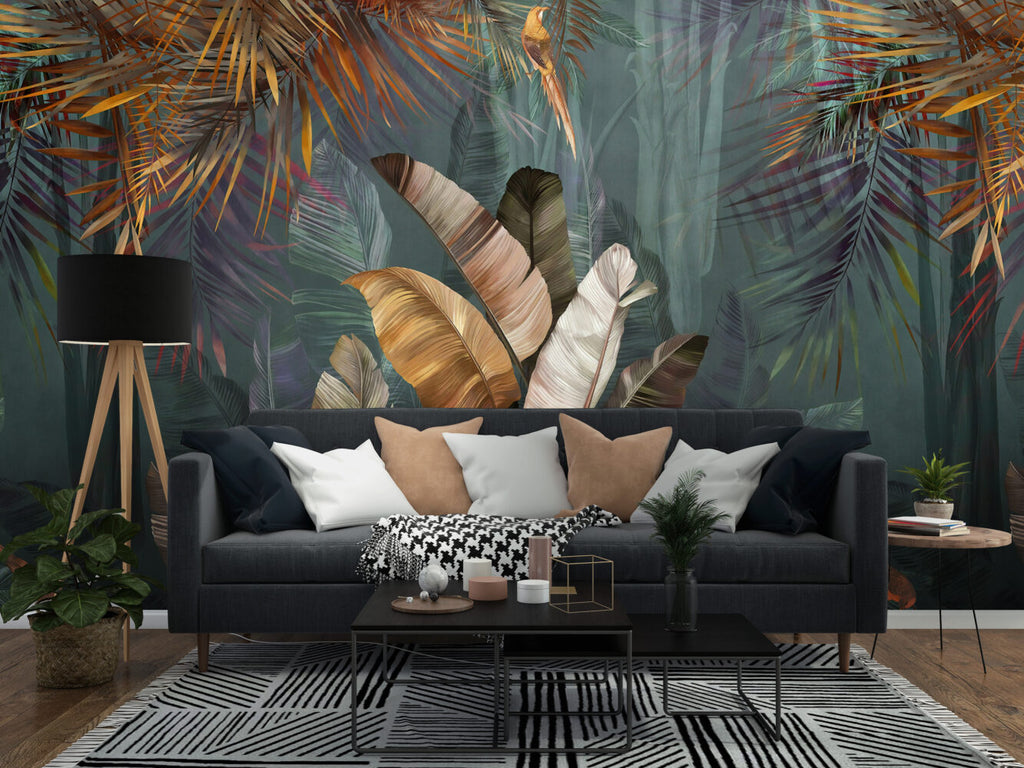 Gold Banana Leaf Wallpaper : Teal And Bronze Tropical Mural - View 6