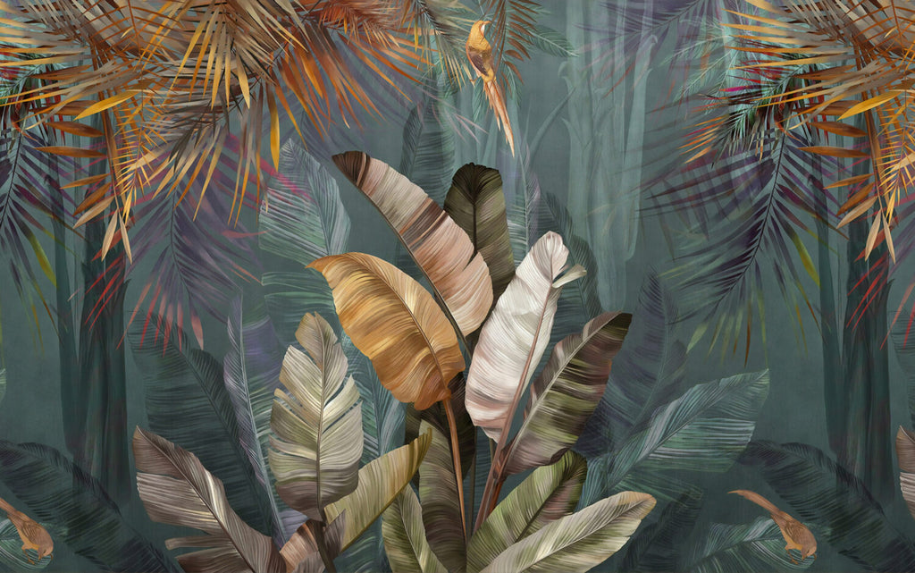 Gold Banana Leaf Wallpaper : Teal And Bronze Tropical Mural - View 2