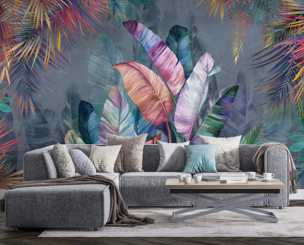 Colorful Tropical Wallpaper : Painted Banana Leaves Mural - View 3