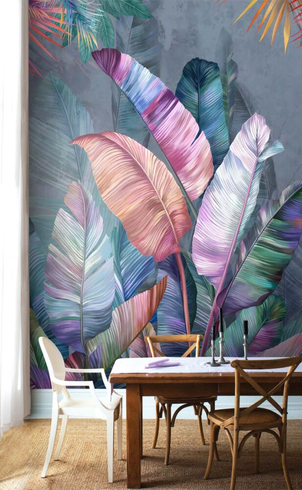 Iridescent Leaf Wallpaper : Pink And Blue Tropical Mural - View 4