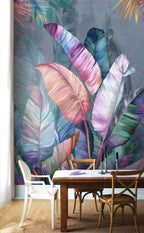 Iridescent Leaf Wallpaper : Pink And Blue Tropical Mural - View 4