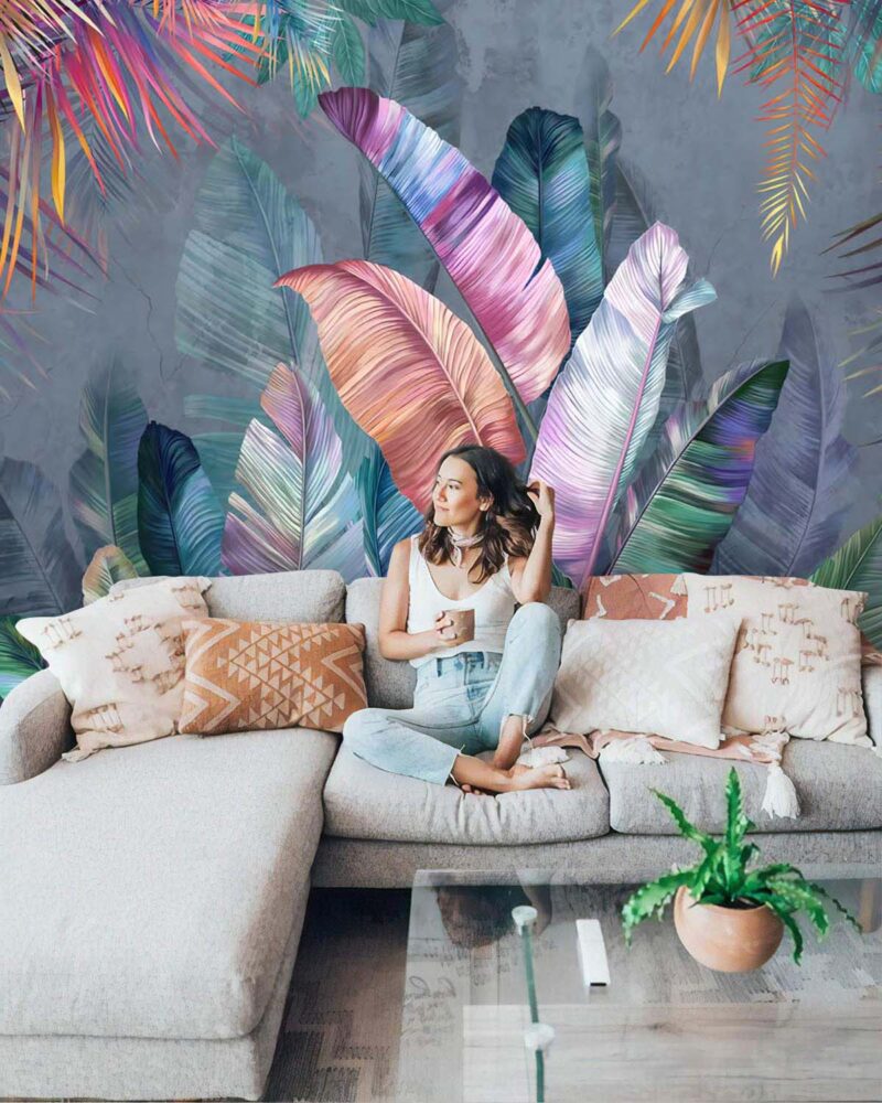 Iridescent Leaf Wallpaper : Pink And Blue Tropical Mural