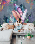 Iridescent Leaf Wallpaper : Pink And Blue Tropical Mural