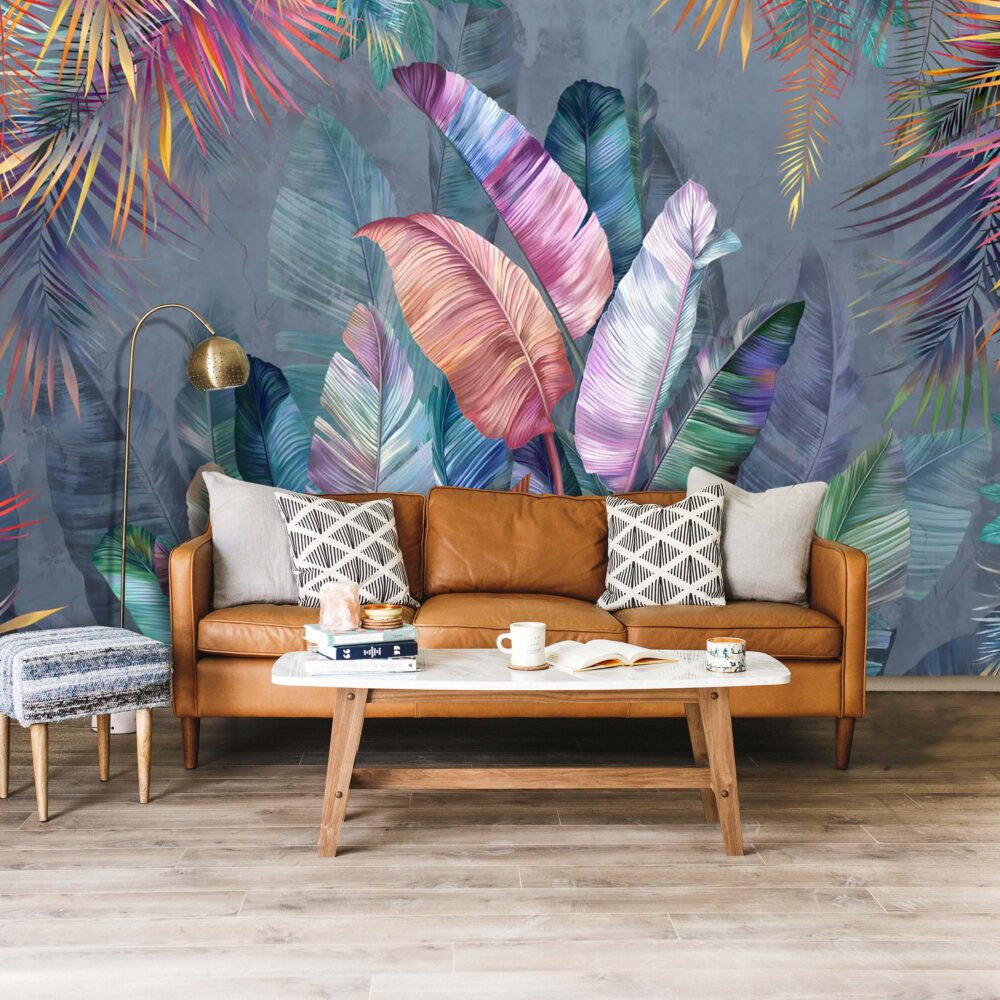 Iridescent Leaf Wallpaper : Pink And Blue Tropical Mural - View 6