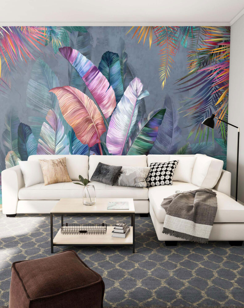 Iridescent Leaf Wallpaper : Pink And Blue Tropical Mural - View 5
