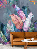 Iridescent Leaf Wallpaper : Pink And Blue Tropical Mural - View 3