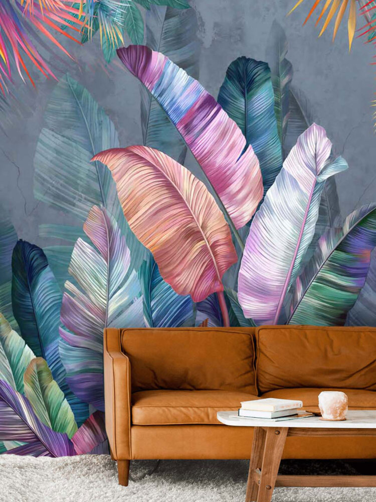 Iridescent Leaf Wallpaper : Pink And Blue Tropical Mural - View 3