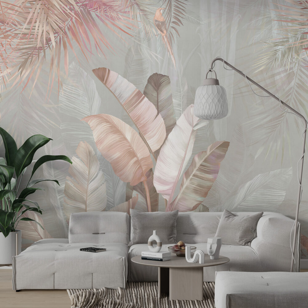 Blush Banana Leaf Wallpaper : Beige Tropical Mural - View 5