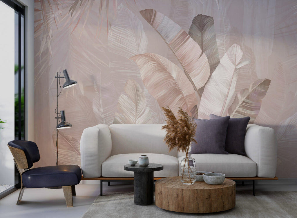 Pink Banana Leaf Wallpaper : Rose Tropical Mural - View 4