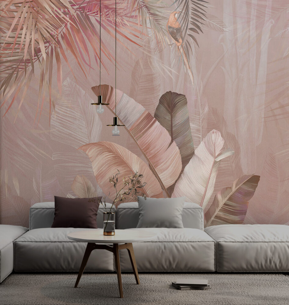 Pink Banana Leaf Wallpaper : Rose Tropical Mural - View 5