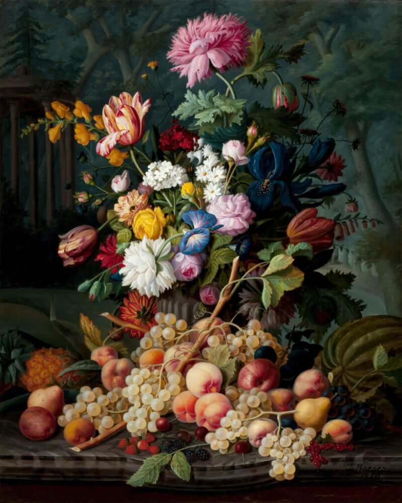 Dutch Still Life Wallpaper : Dark Floral Fruit Painting Mural - flat design