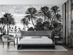 Black and White Palm Wallpaper : Vintage Engraved Beach Mural