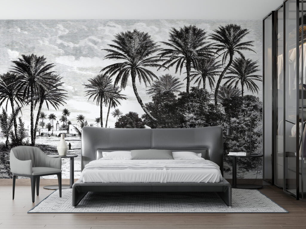 Black and White Palm Wallpaper : Vintage Engraved Beach Mural