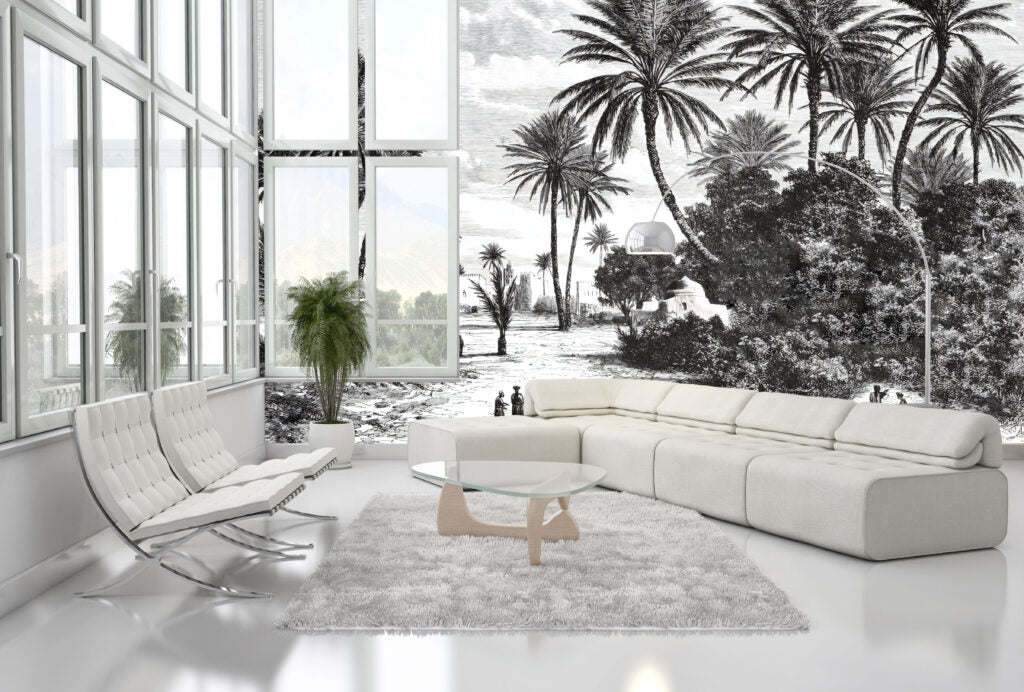 Black and White Palm Wallpaper : Vintage Engraved Beach Mural - View 5