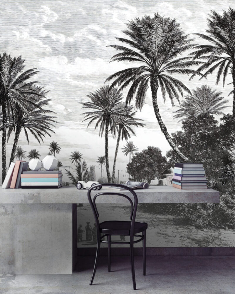Black and White Palm Wallpaper : Vintage Engraved Beach Mural - View 4