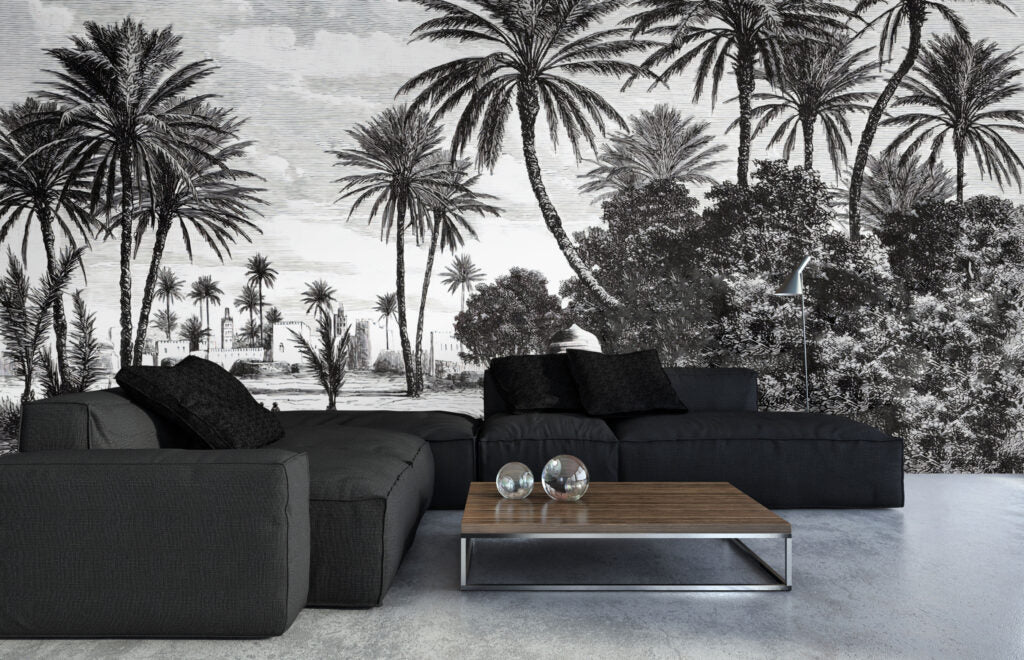 Black and White Palm Wallpaper : Vintage Engraved Beach Mural - View 3