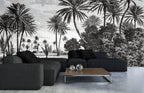 Black and White Palm Wallpaper : Vintage Engraved Beach Mural - View 3