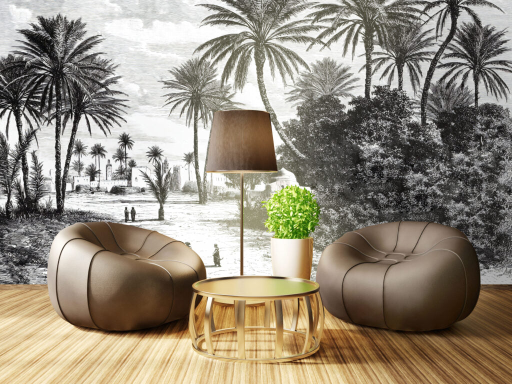 Black and White Palm Wallpaper : Vintage Engraved Beach Mural - View 2