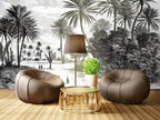 Black and White Palm Wallpaper : Vintage Engraved Beach Mural - View 2
