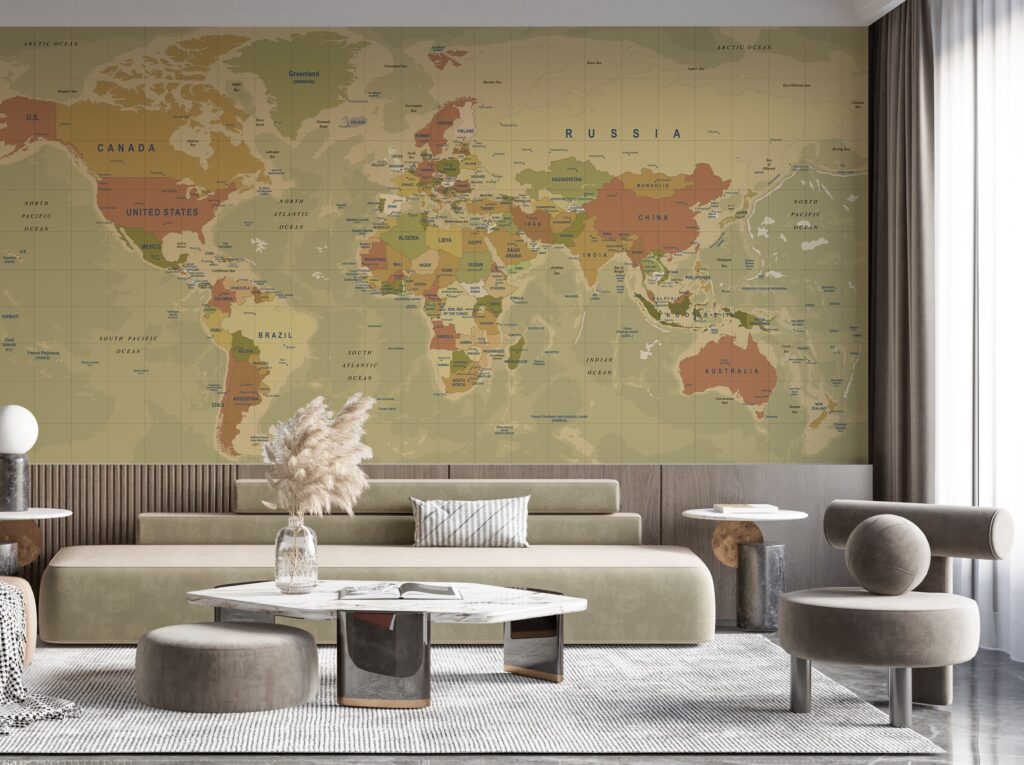Antique World Map Wallpaper : Mustard Political Atlas Mural