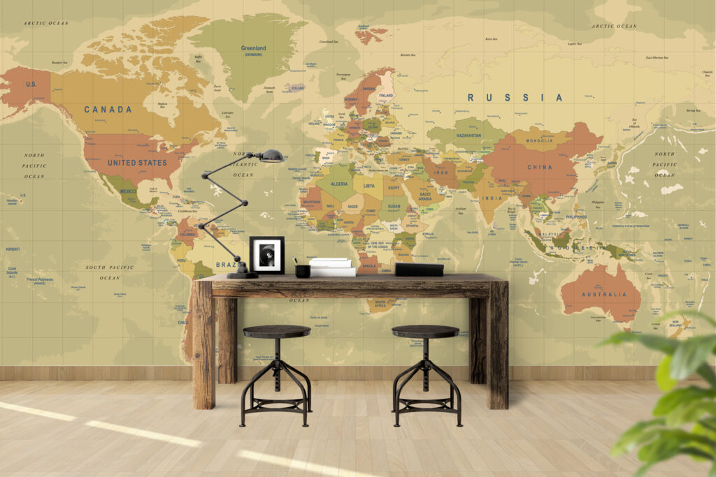 Antique World Map Wallpaper : Mustard Political Atlas Mural - View 2