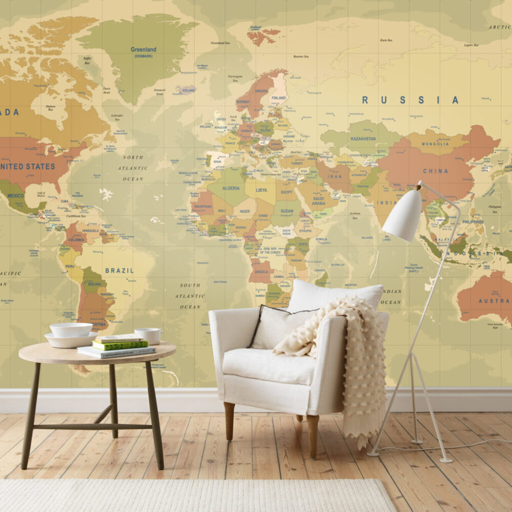 Antique World Map Wallpaper : Mustard Political Atlas Mural - View 4
