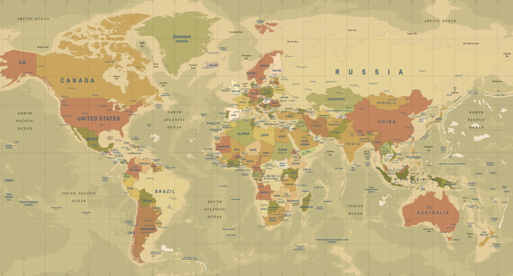 Antique World Map Wallpaper : Mustard Political Atlas Mural - flat design