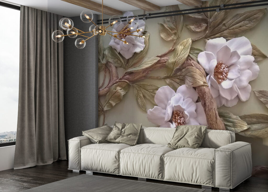 3D Magnolia Wallpaper : Embossed Floral Relief Mural