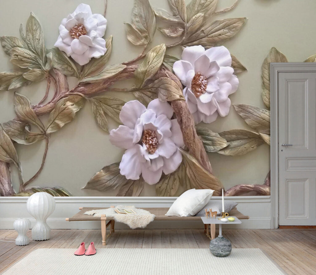3D Magnolia Wallpaper : Embossed Floral Relief Mural - View 5