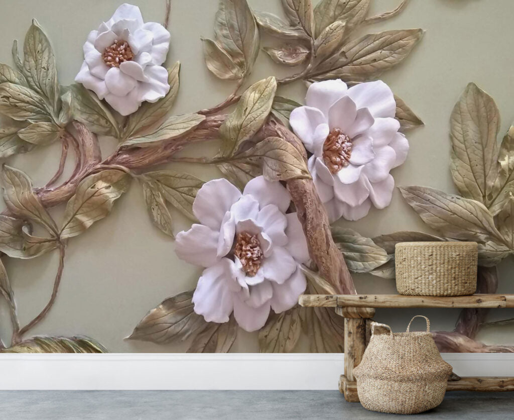 3D Magnolia Wallpaper : Embossed Floral Relief Mural - View 4