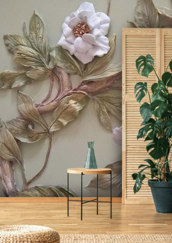 3D Magnolia Wallpaper : Embossed Floral Relief Mural - View 3