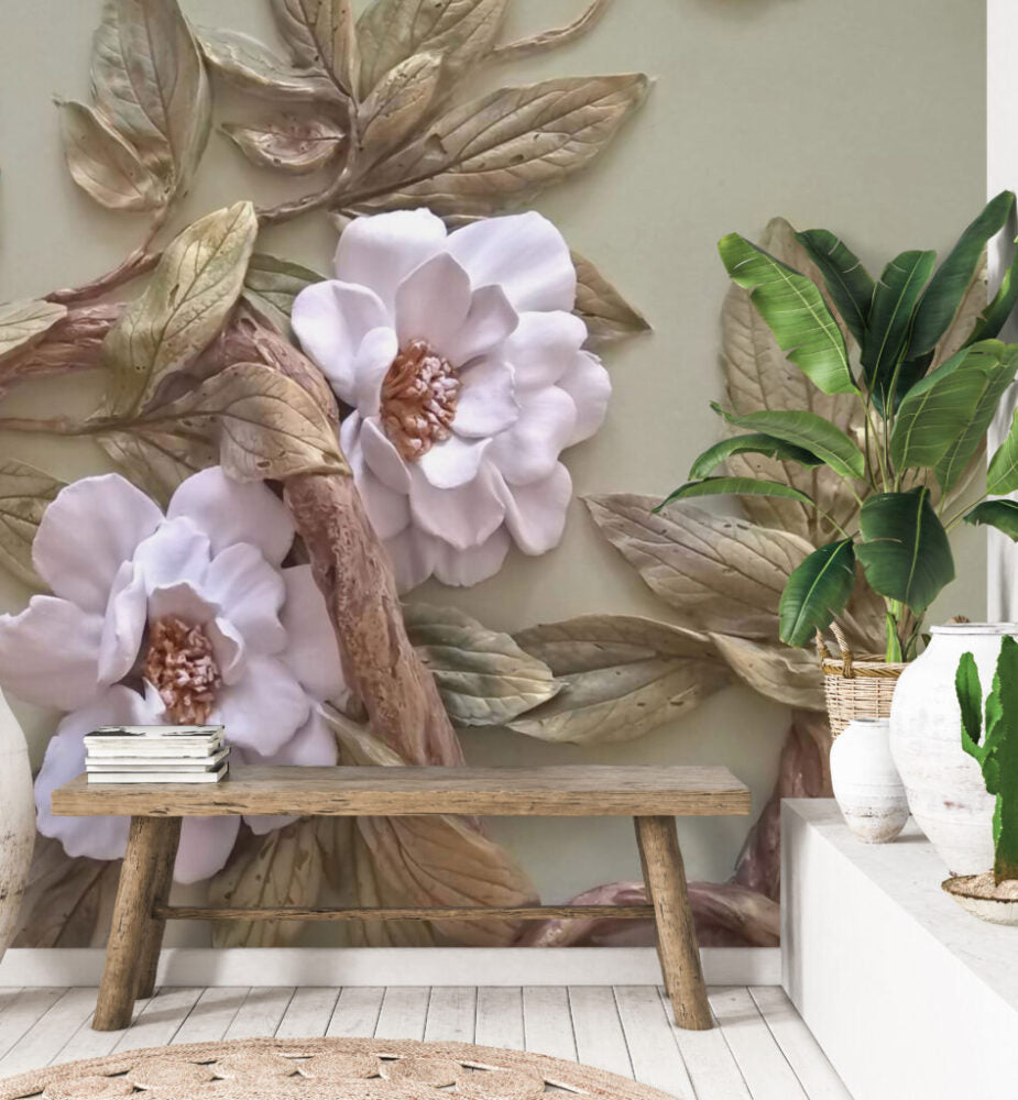 3D Magnolia Wallpaper : Embossed Floral Relief Mural - View 2