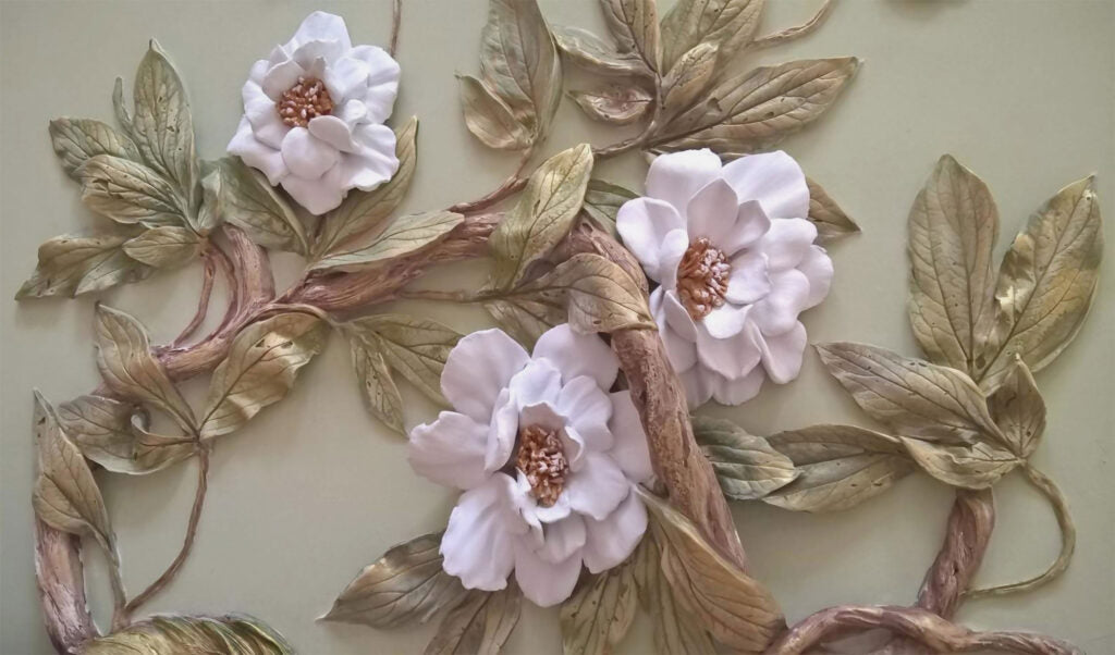 3D Magnolia Wallpaper : Embossed Floral Relief Mural - flat design