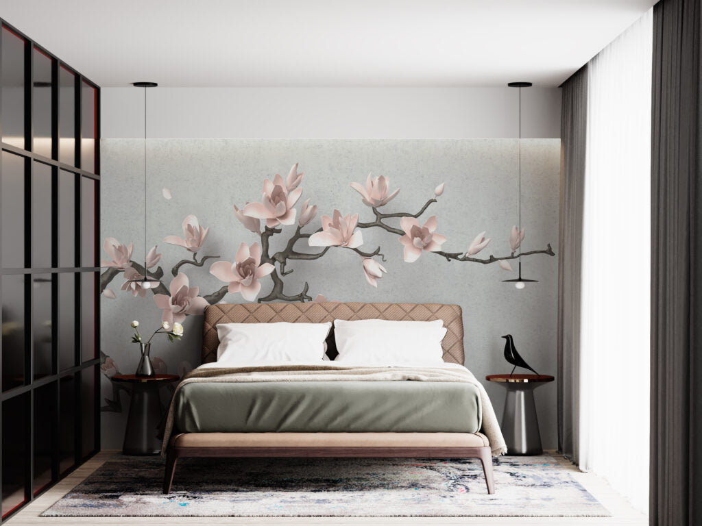 Pink Magnolia Wallpaper : 3D Blossom Branch on Grey Mural