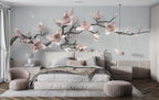 Pink Magnolia Wallpaper : 3D Blossom Branch on Grey Mural - View 2