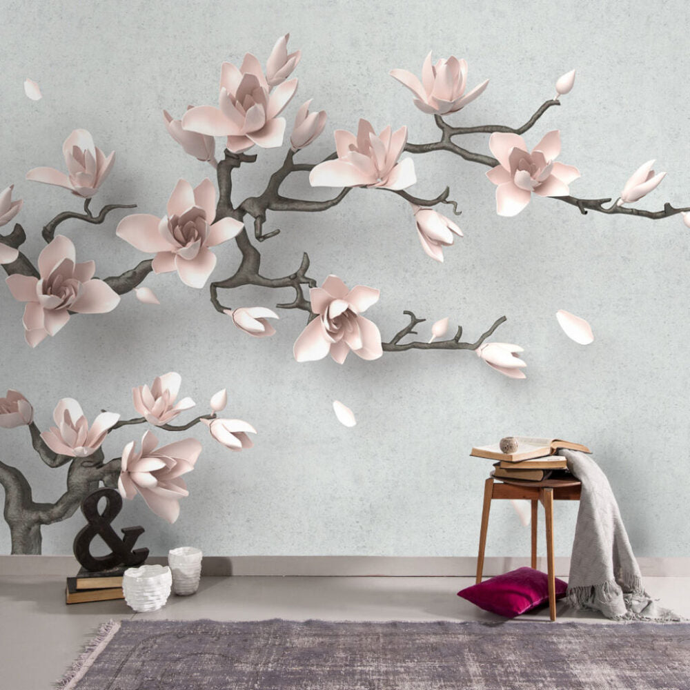 Pink Magnolia Wallpaper : 3D Blossom Branch on Grey Mural - View 4