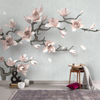 Pink Magnolia Wallpaper : 3D Blossom Branch on Grey Mural - View 4