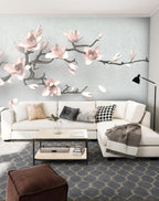 Pink Magnolia Wallpaper : 3D Blossom Branch on Grey Mural - View 3
