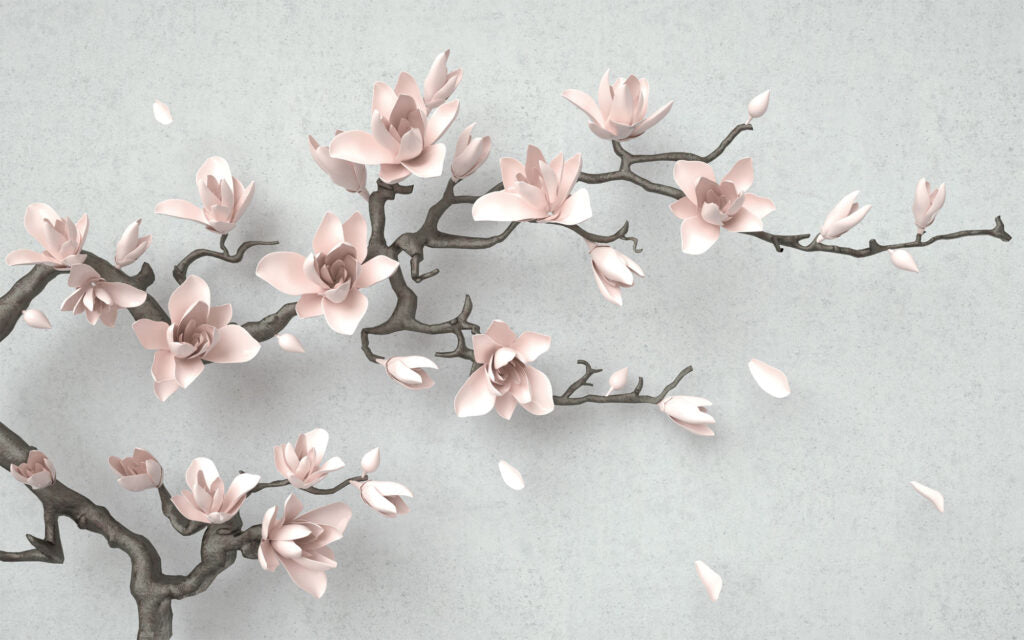 Pink Magnolia Wallpaper : 3D Blossom Branch on Grey Mural - flat design