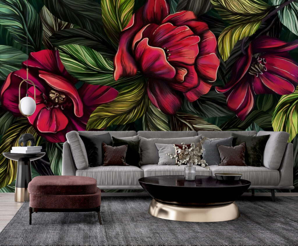 Red Flower Wallpaper : Bold Painted Leaves Mural