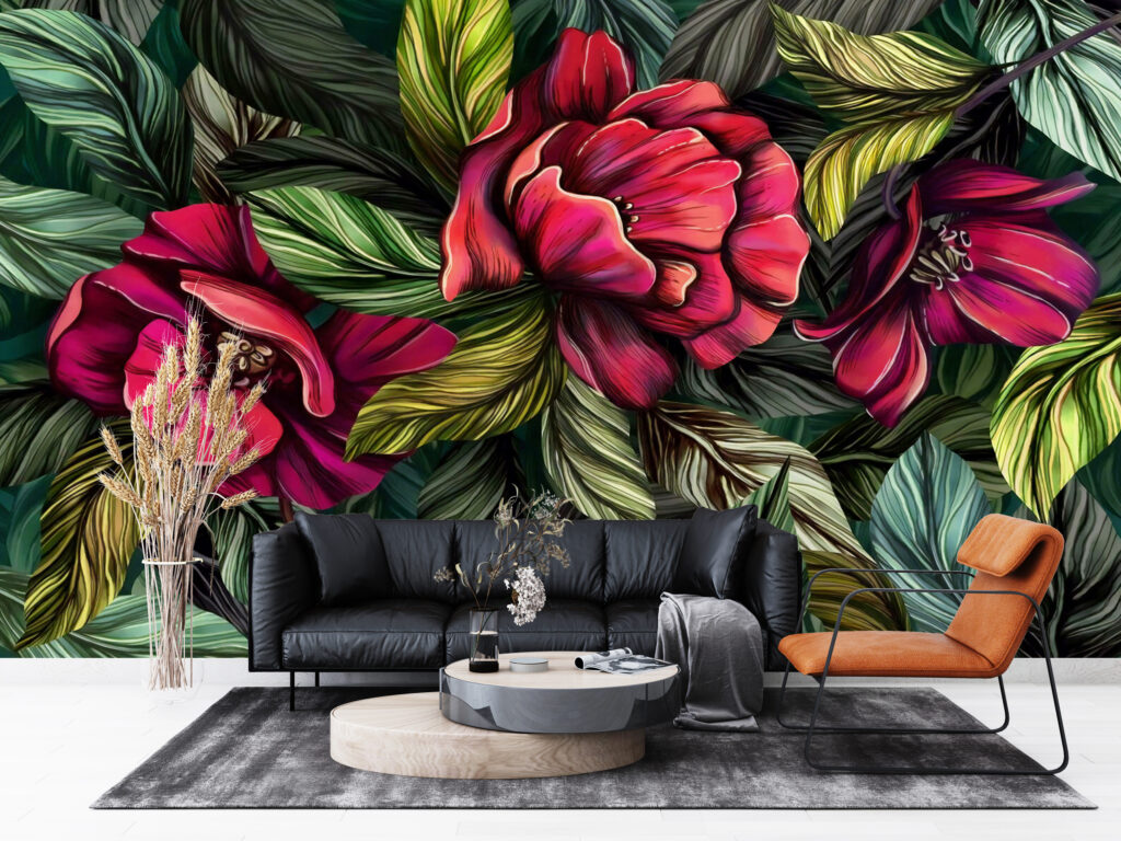 Red Flower Wallpaper : Bold Painted Leaves Mural - View 2