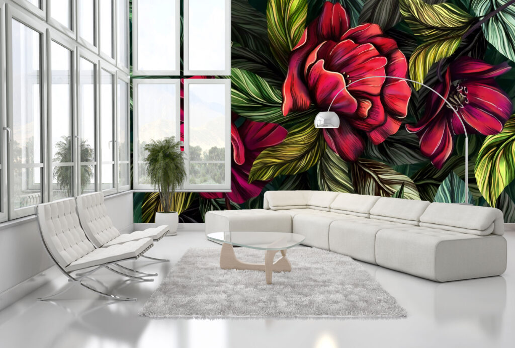 Red Flower Wallpaper : Bold Painted Leaves Mural - View 3