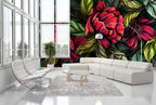 Red Flower Wallpaper : Bold Painted Leaves Mural - View 3