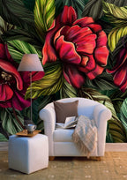 Red Flower Wallpaper : Bold Painted Leaves Mural - View 5