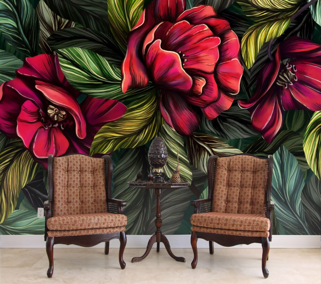 Red Flower Wallpaper : Bold Painted Leaves Mural - View 4