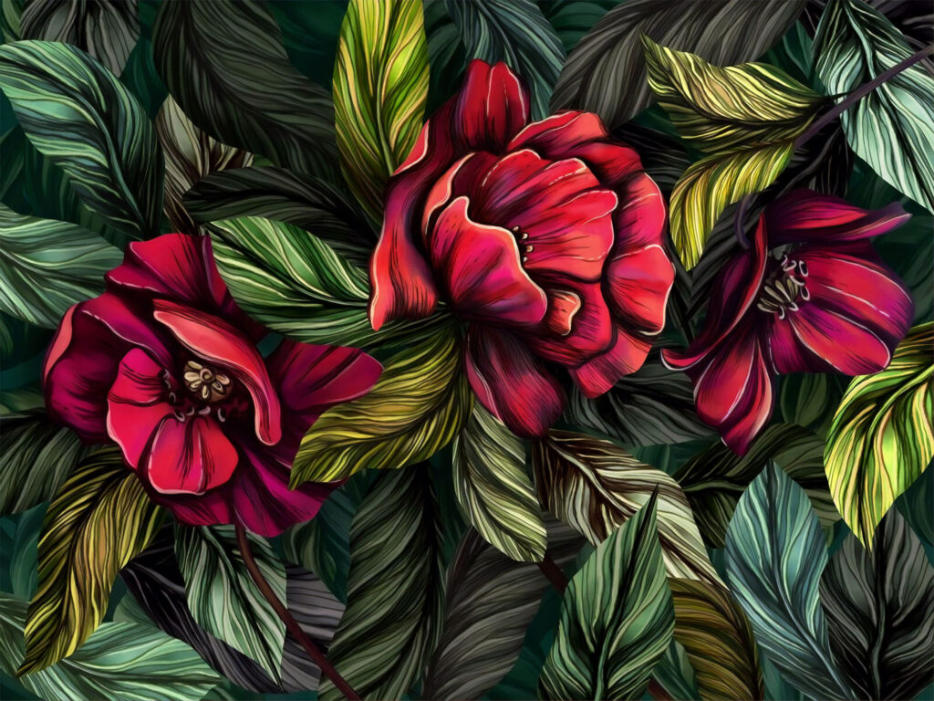 Red Flower Wallpaper : Bold Painted Leaves Mural - flat design