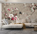 Magnolia Branch Wallpaper : Pink and White Blossom on Taupe Mural