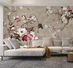 Magnolia Branch Wallpaper : Pink and White Blossom on Taupe Mural